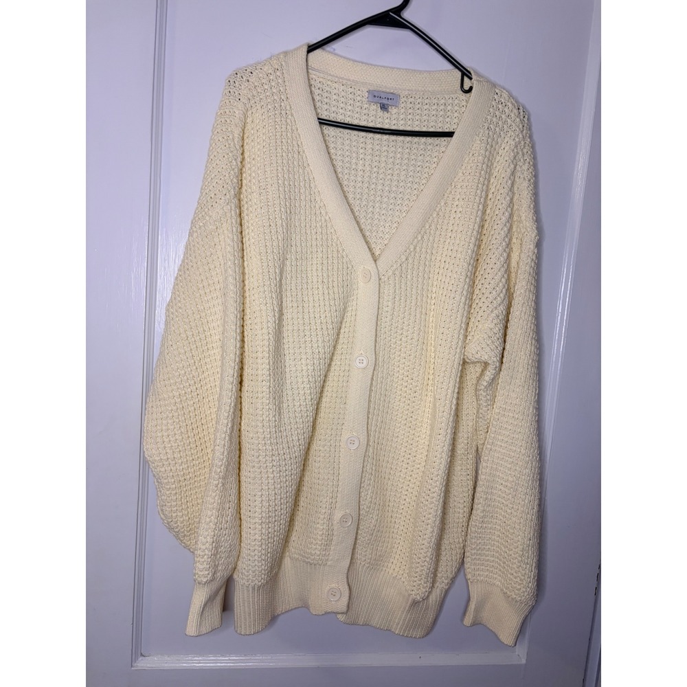 Qualfort Womens Cream Waffle Knit‎ Oversized Cardigan Sweater XL grandpacore